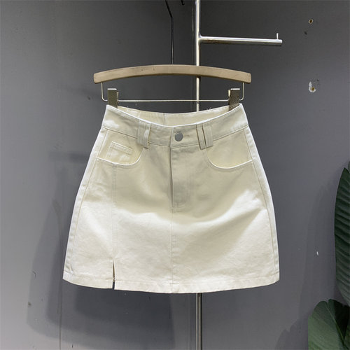 奶杏色侧开叉高腰水洗休闲牛仔短裙2025夏季新款气质高级感包臀裙