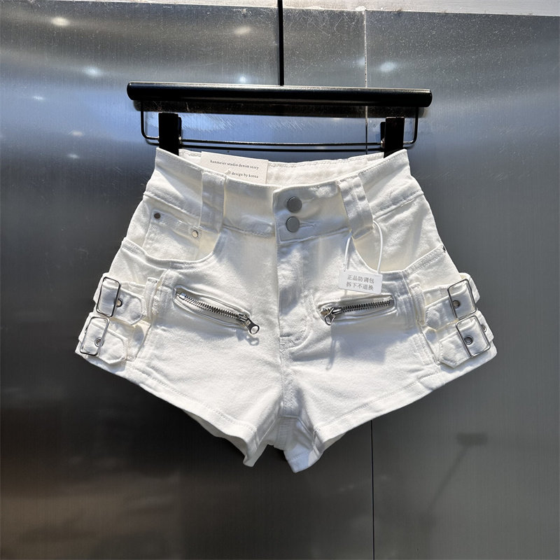 街头休闲白色牛仔短裤高腰拉链金属扣显瘦双扣设计春夏女装工装裤