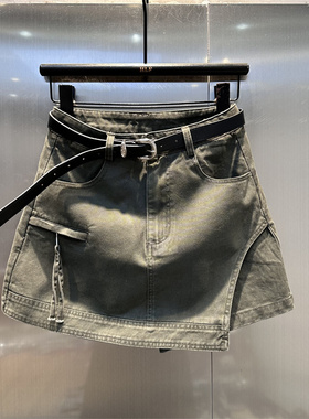 假口袋高腰设计感不规则牛仔半身裙女夏季辣妹风时尚军绿色短裙裤