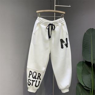 束脚裤 设计感拼接字母印花百搭休闲运动卫裤 时尚 加绒新款 女冬季