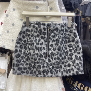 甜辣风纯欲a字短裙 新款 美式 黑色气质豹纹圈圈毛半身裙女2025冬季