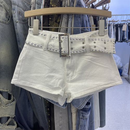 宽腰带辣妹弹力紧身白色牛仔短裤2025夏季新款时尚个性显腿长热裤