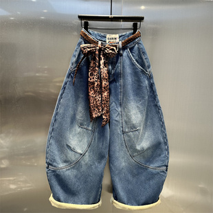 美式复古蓝色个性磨白弯刀阔腿裤女2025年秋冬新款宽松加绒牛仔裤