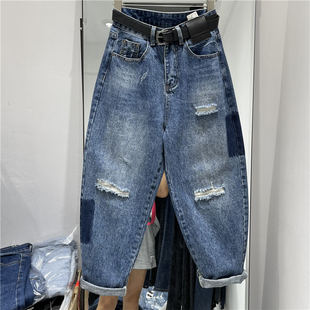 洋气撞色港味破洞牛仔垮裤女装欧货2026春秋新款宽松阔腿裤老爹裤