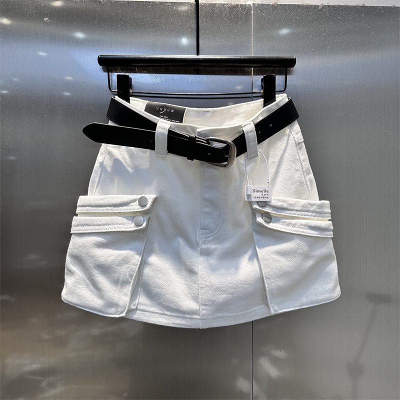 新款纯色减龄腰带修身包臀裙复古小众潮流百搭性感牛仔a字半身裙