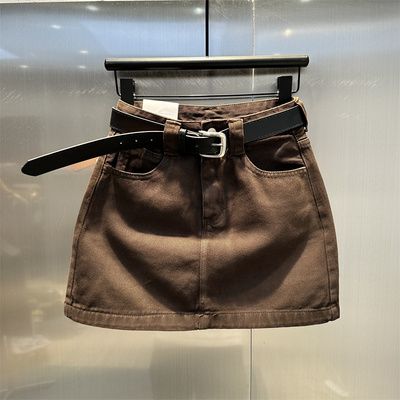 显白咖啡色高腰a字牛仔半身裙