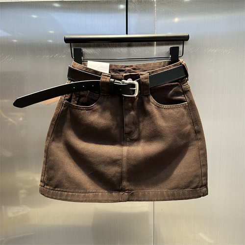 显白咖啡色高腰a字牛仔半身裙