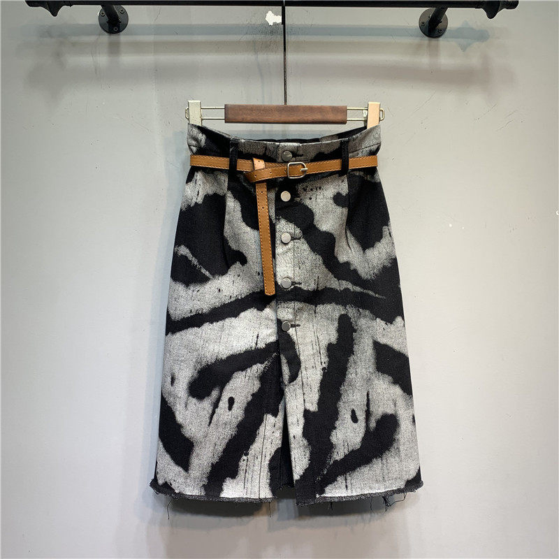 欧货2025春夏新款扎染高腰开叉牛仔半身裙女士复古个性图案中长裙