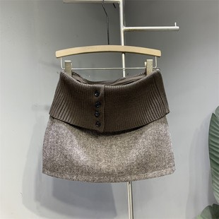 美式咖色个性针织拼接毛呢半身裙女2025年冬季新款时髦辣妹短裙子