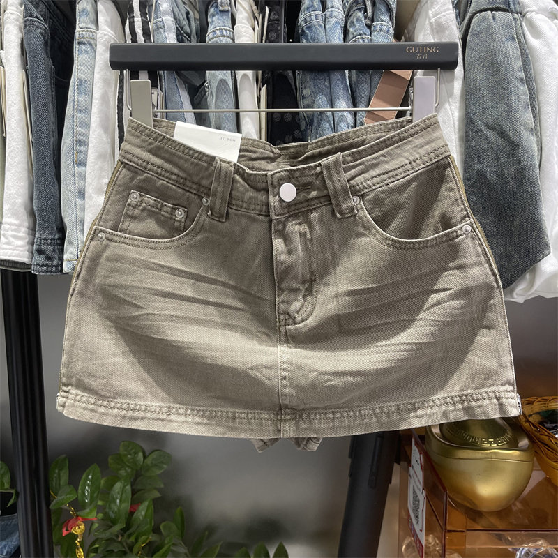 网红同款2025年夏季新款卡其色侧边拉链设计感辣妹牛仔a字短裙潮