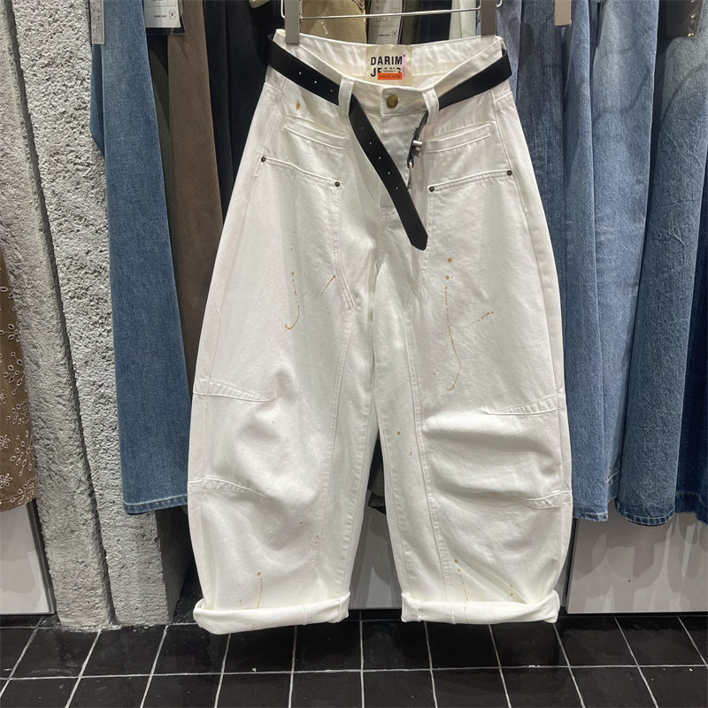 美式小众泼墨设计感白色弯刀牛仔裤女2026春季新款时尚百搭阔腿裤,女装/女士精品,牛仔裤,淘宝优惠券,粉丝福利购,淘宝优惠卷