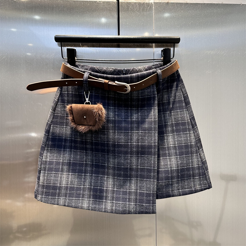 韩系不规则格纹设计休闲半身裙女2025秋季新款高腰百搭气质A字裙