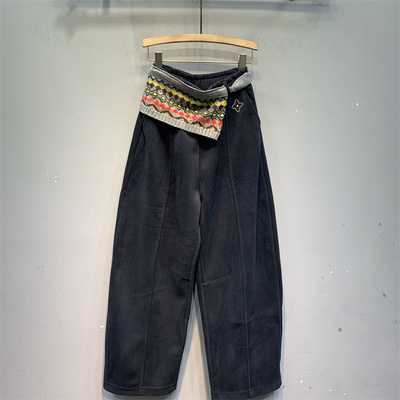 藏青色加绒加厚休闲弯刀裤女2025年冬季新款个性名族风屁帘运动裤