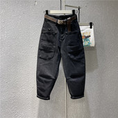 垮裤 黑色显瘦工装 萝卜裤 大码 洋气口袋膝盖抽褶老爹牛仔裤 女哈伦裤