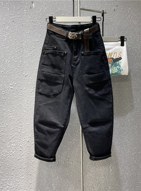 黑色显瘦工装洋气口袋膝盖抽褶老爹牛仔裤女哈伦裤萝卜裤大码垮裤