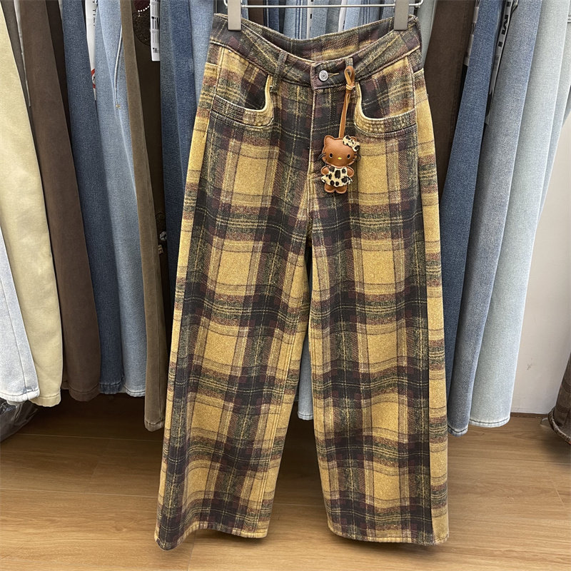 韩系复古格纹设计感宽松牛仔裤女2025年冬季新款加绒加厚阔腿裤潮