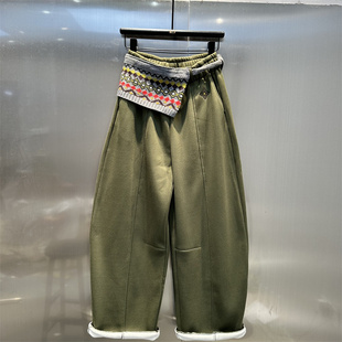 高街时髦阔腿长裤 女2025年秋冬新款 军绿色宽松显瘦加绒弯刀裤 美式
