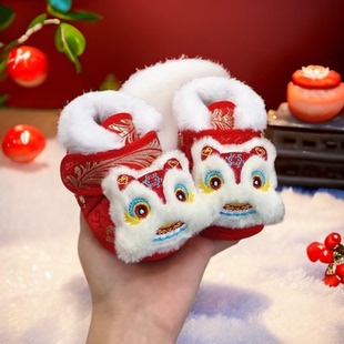 0-1岁宝宝学步鞋冬季加绒保暖虎头鞋婴儿周岁满月鞋国风汉服鞋红