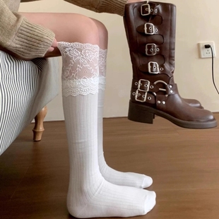 骑士靴蕾丝袜堆堆过膝袜女秋冬白色小腿袜jk长袜配靴子长筒袜春秋