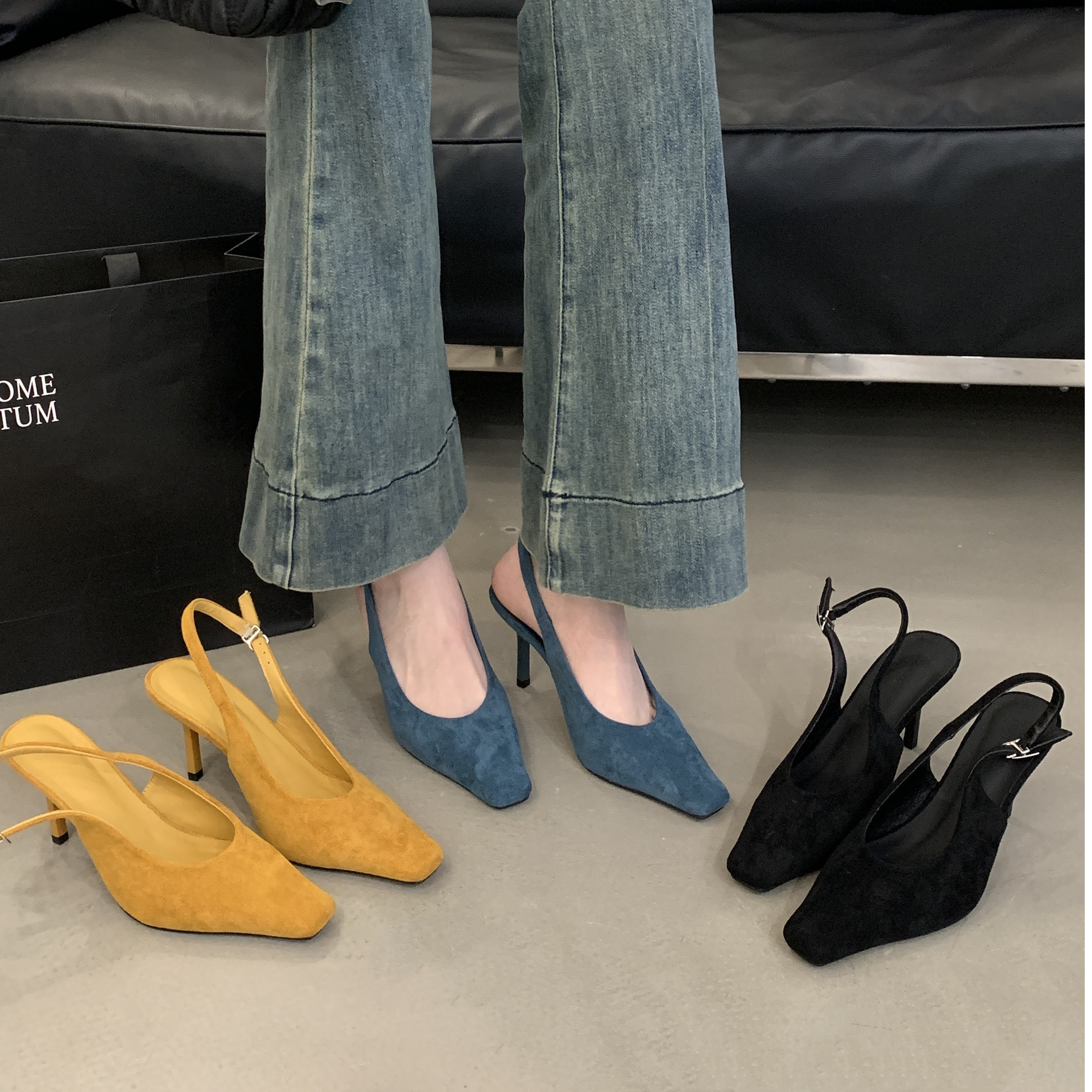 百搭时尚方头浅口细高跟女鞋复古通勤穿搭气质大女主欧美走秀凉鞋