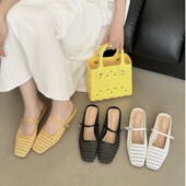 编织镂空方头一字带粗跟玛丽珍半拖鞋 女夏波西米亚凉鞋 2026新款