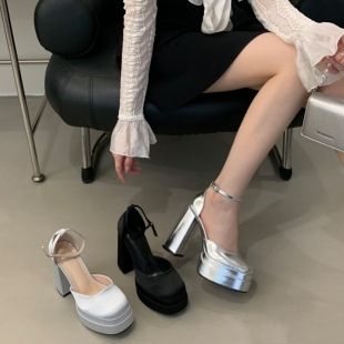 婚纱婚鞋小个子粗跟防水台高跟鞋主持演出宴会鞋一字扣带中空凉鞋