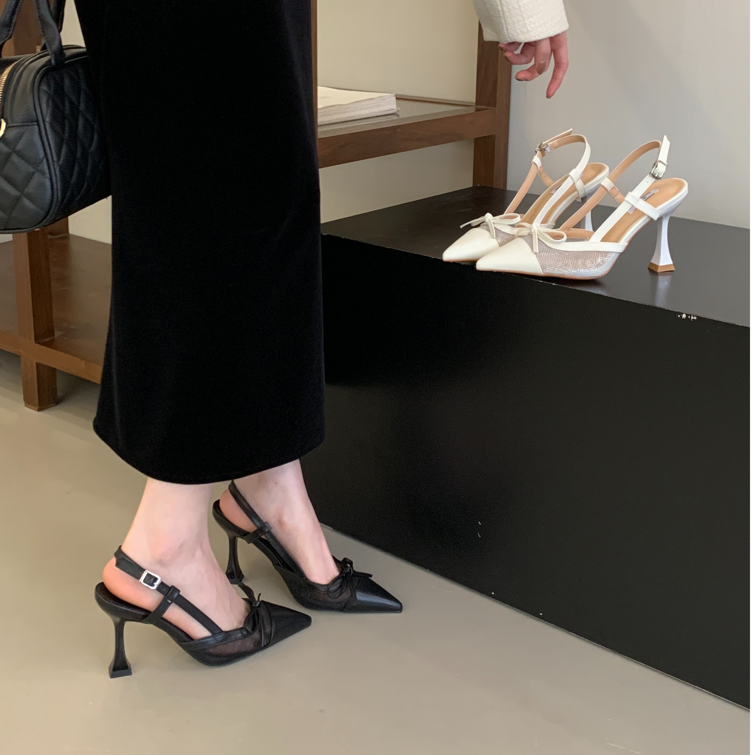 2026春夏季尖头网纱蝴蝶结细高跟宴会鞋气质女式凉鞋35-40码