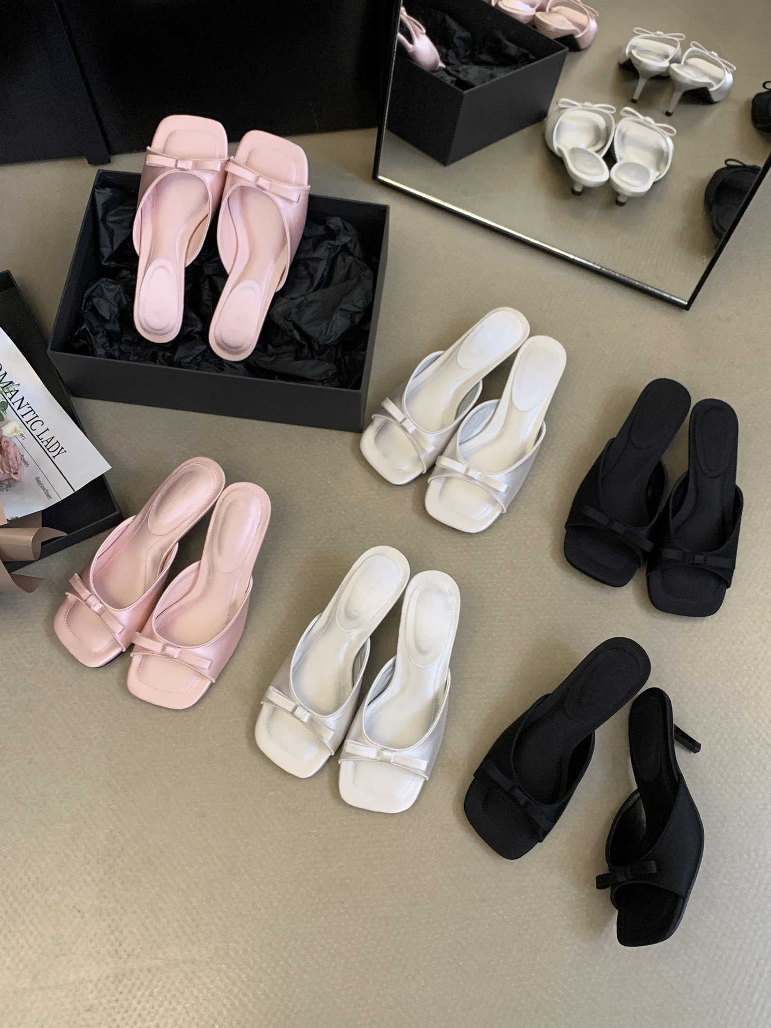 法式气质纯色蝴蝶结方头露趾细跟凉拖鞋2024夏季仙女风外穿高跟鞋