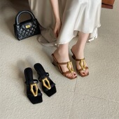 女夏方头露趾一脚蹬外穿懒人高跟拖鞋 2026年新款 坡跟凉鞋