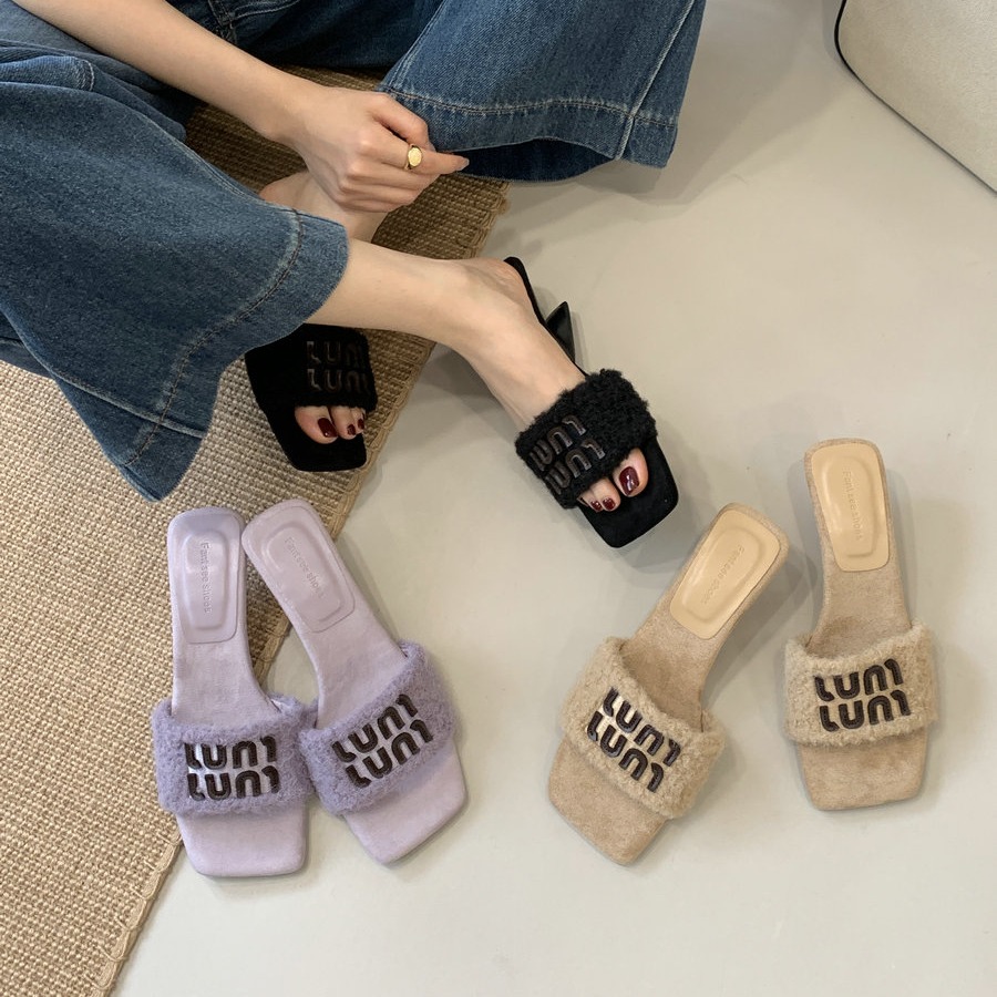 方头露趾小众外穿秋冬新款毛毛拖鞋女增高仙女风坡跟毛绒鞋棉拖鞋