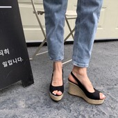 39码 简约防水台厚底高跟女鞋 坡跟编织麻绳高跟鱼嘴后空凉鞋