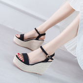 麻绳编织坡跟凉鞋 34到39码 12CM高跟防水台露趾是时装 女鞋