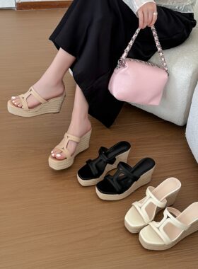 坡跟编织麻绳厚底防水台纯色拖鞋女2026春夏方头露趾高跟时尚凉鞋
