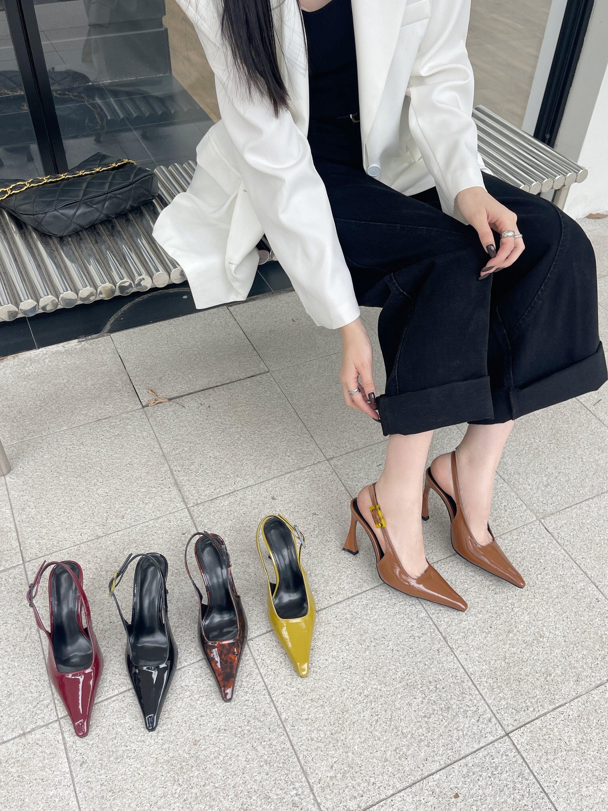 2024新款欧美细跟女半包高跟鞋名媛宴会一字带扣尖头女凉鞋 - 实物图