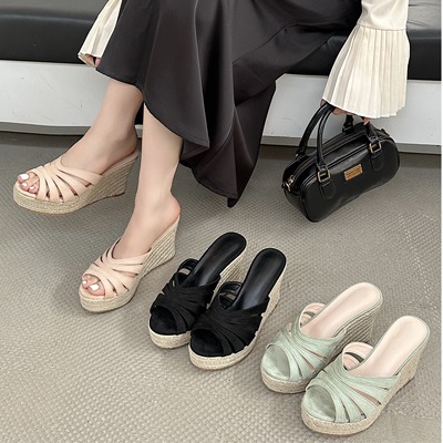 新款坡跟编织麻绳厚底防水台纯色细带拖鞋女外穿鱼嘴高跟凉拖