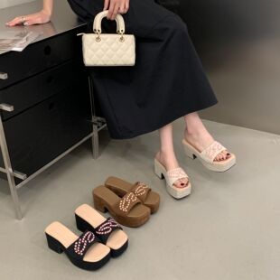 韩式高跟编织一字拖女2026年夏季新款粗跟厚底露趾小个子凉拖鞋