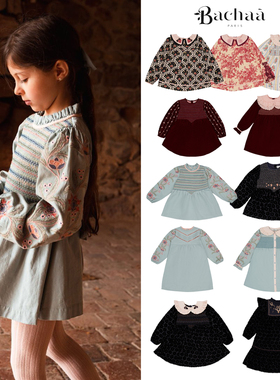 25AW新款现货法国Bachaa女童法式连衣裙刺绣娃娃领丝绒碎花长袖