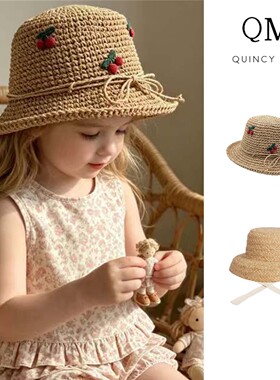 26SS新款现货Quincy Mae QM儿童编织草帽可爱百搭樱桃遮阳帽防风