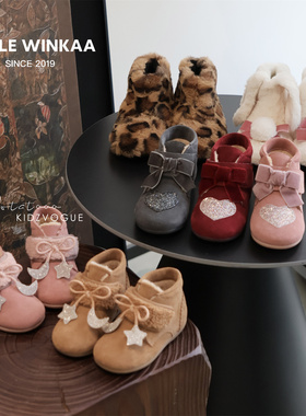 25AW新款Little Winkaa LW儿童短靴加绒棉靴冬季豹纹毛毛拉链保暖