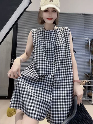 欧货格子无袖连体裤女夏季新款洋气百搭大码阔腿短裤背带裤连体衣