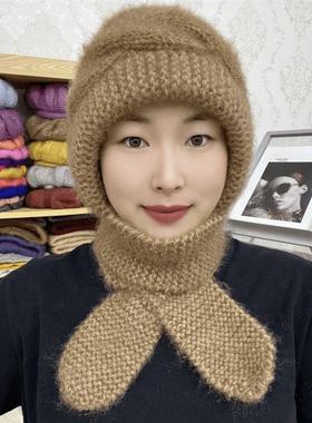 棋盘格大麻花风雪帽冬新款手工编织百搭针织加厚保暖围巾一体帽子