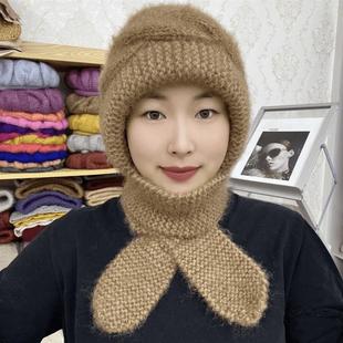 棋盘格大麻花风雪帽冬新款手工编织百搭针织加厚保暖围巾一体帽子