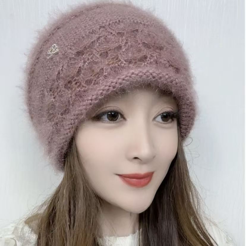 冬季双层针织保暖帽松鼠绒毛线帽防风护耳小卷边镂空花妈妈包头帽