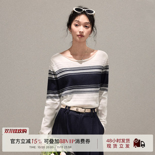 江洲JIANGZ 早秋藏青色条纹披肩针织衫圆领打底露肩设计感上衣女