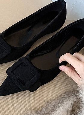 尖头单鞋女春秋丝绒面复古rv方扣浅口平底内增高法式气质黑色通勤