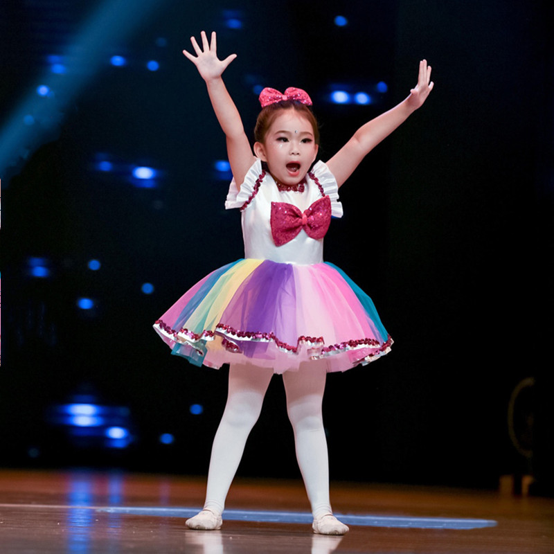 六一儿童演出服蓬蓬裙幼儿现代舞蹈服女童亮片纱裙七彩公主裙表演