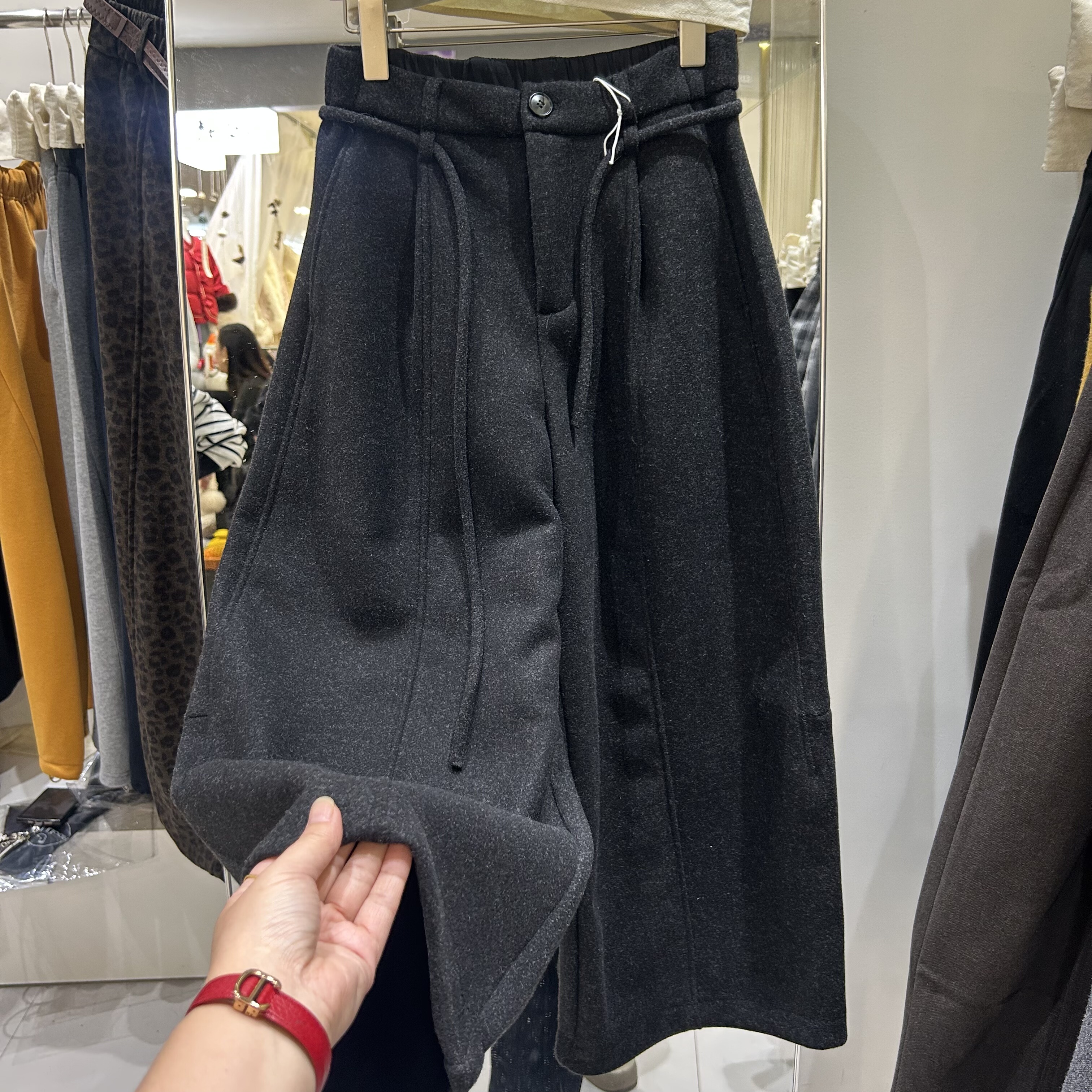 韩系高腰系带加厚毛呢休闲裤女2025冬季新款软糯加绒洋气阔腿裤潮