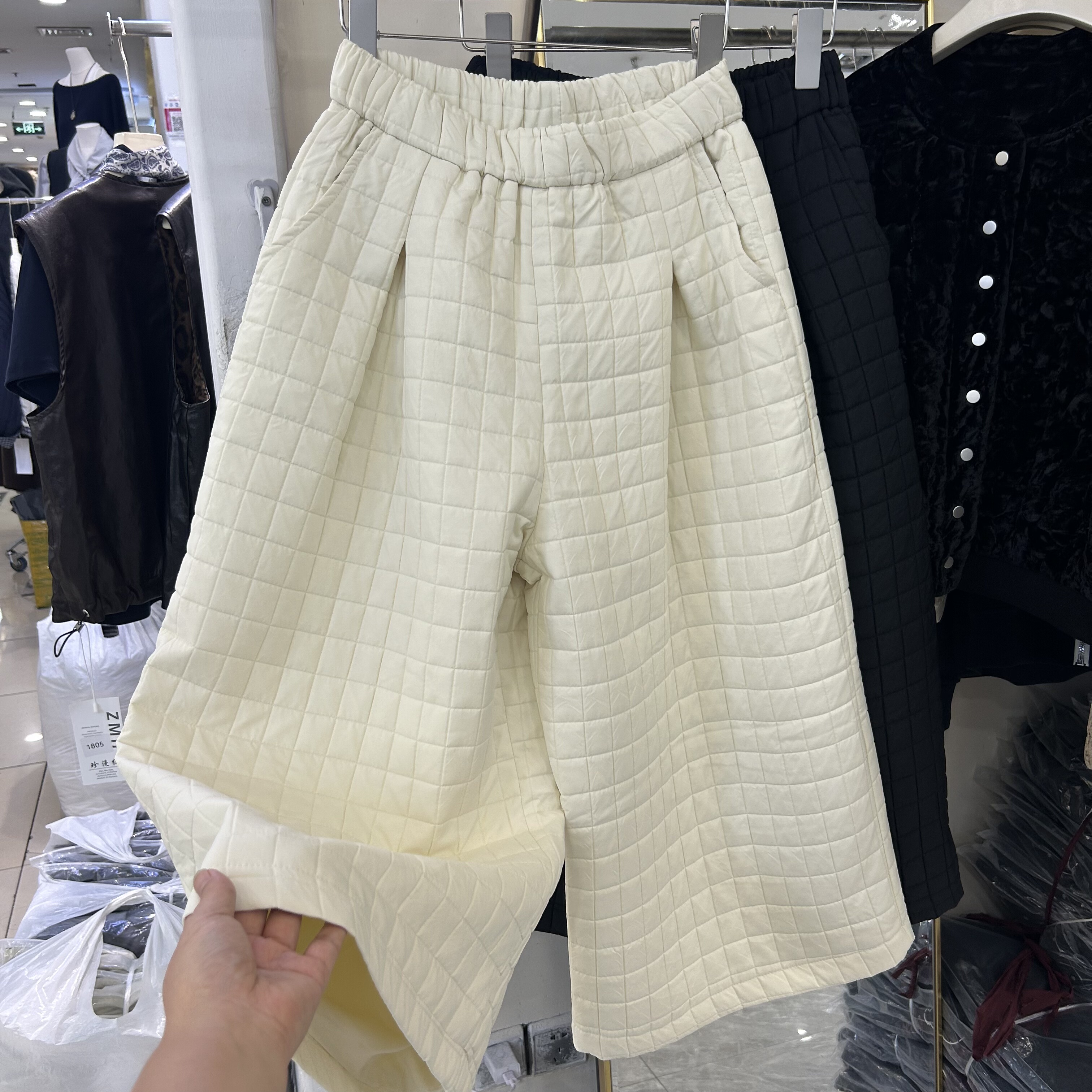 2025秋冬新款日系格纹压线阔腿裤女ins韩版小个子夹棉八九分裤潮