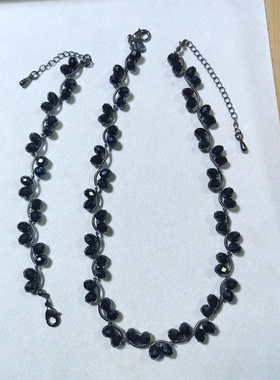 Vintage英国玛莎MS打标炫黑色水晶珠手工编织短项链手套装