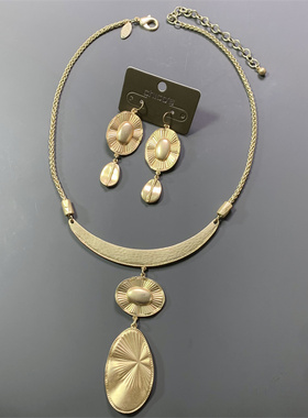 Vintage中古CHICOS打标无光金捶打质感复古烟花纹理项链耳环套装